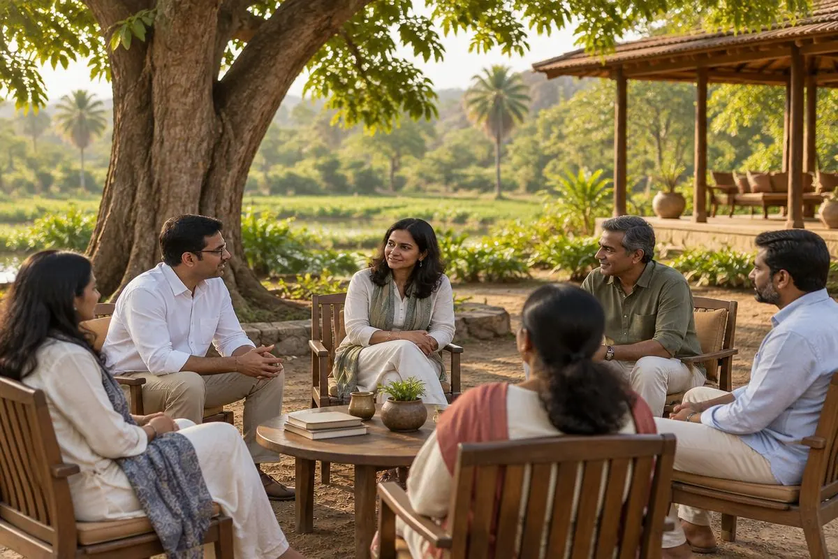 Leadership team in conversation beneath a tree