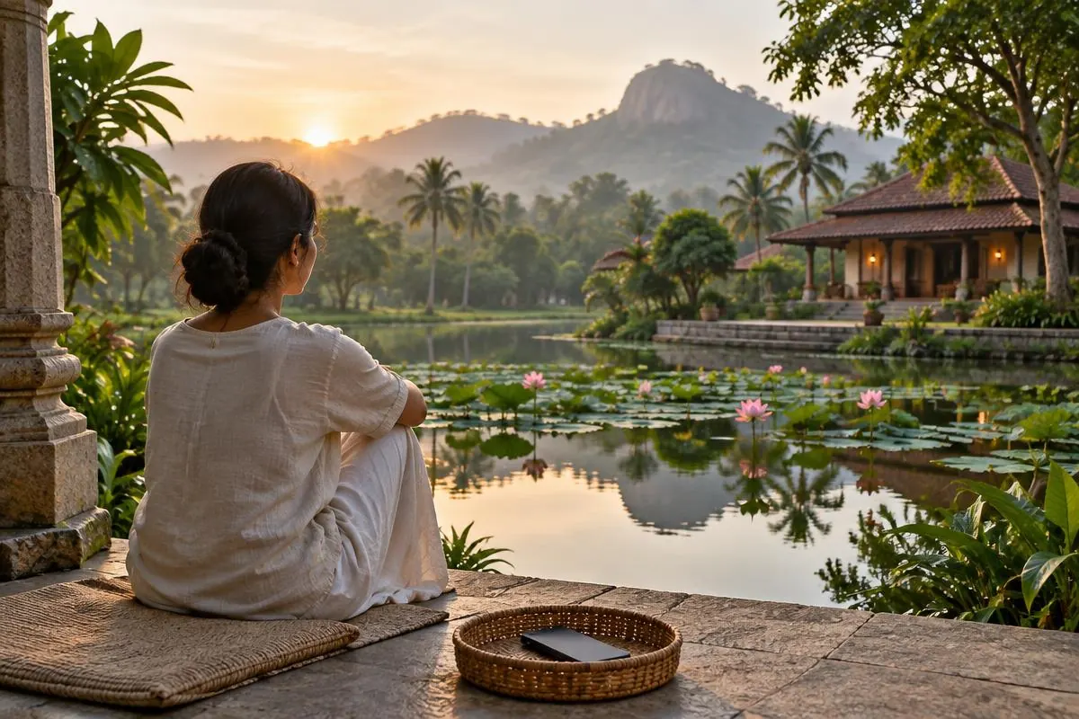 Guest resting beside a lotus pond with their phone set aside