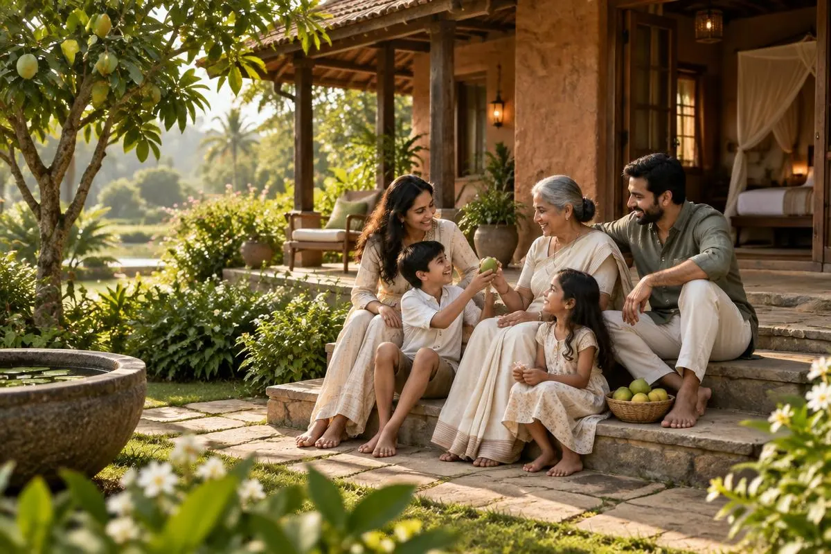 Multigenerational family relaxing at an earth-built cottage