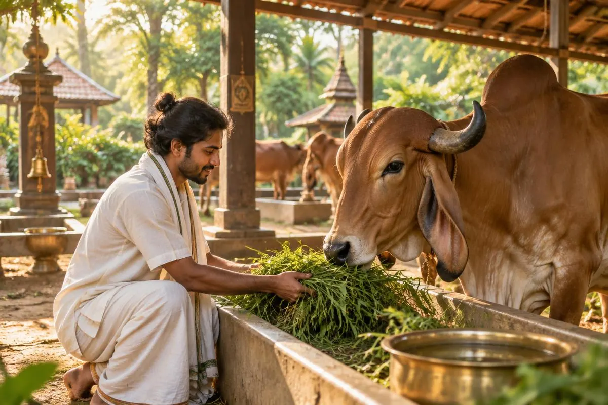Volunteer offering fresh fodder to a Gir cow