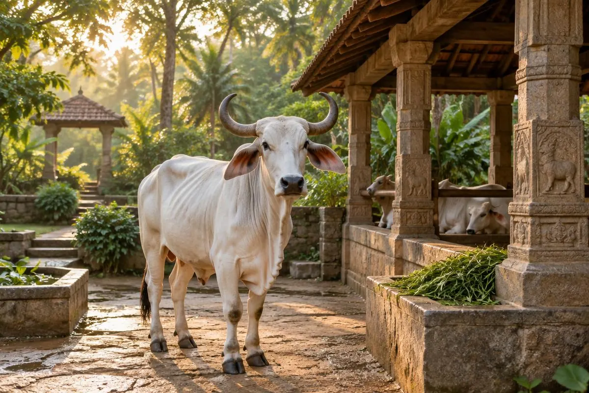 Indigenous Gir cow in the open-air goushala