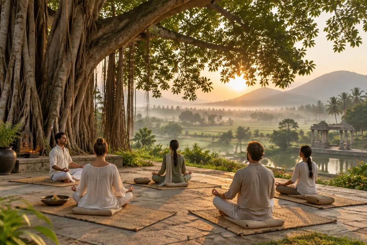 Sunrise meditation beneath a banyan tree