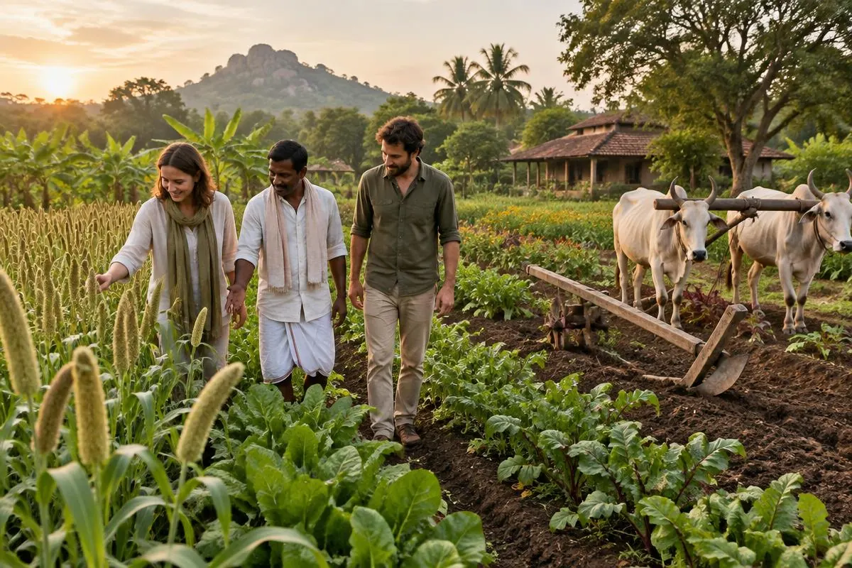 Visitors exploring regenerative crop fields with a farmer