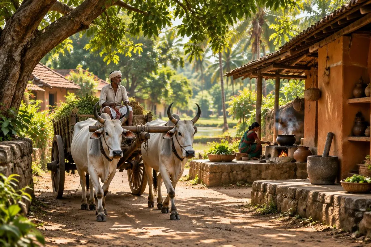 Traditional bullock cart passing a village clay kitchen